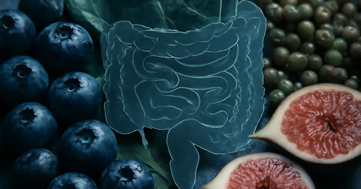 Artistic representation of the gut microbiome and gut-brain connection surrounded by anti-inflammatory plant foods