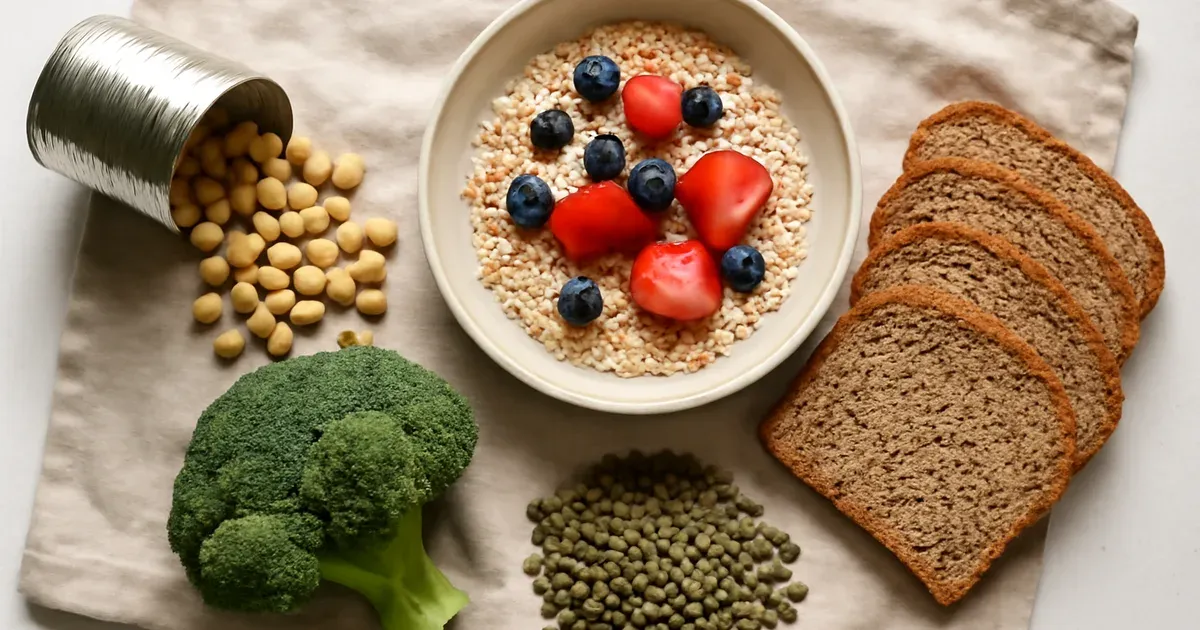 High-fibre anti-inflammatory foods for gut health UK: oats, chickpeas, wholegrain bread, broccoli and lentils