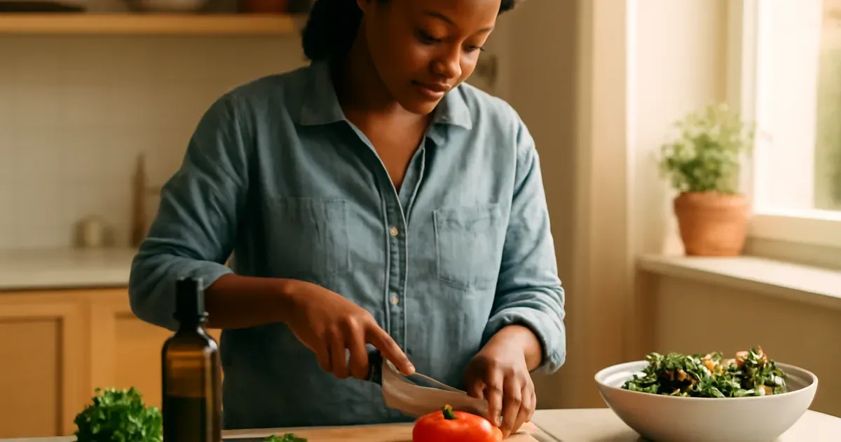 UK adult preparing a Mediterranean anti-inflammatory meal with salmon, vegetables and olive oil for gut health