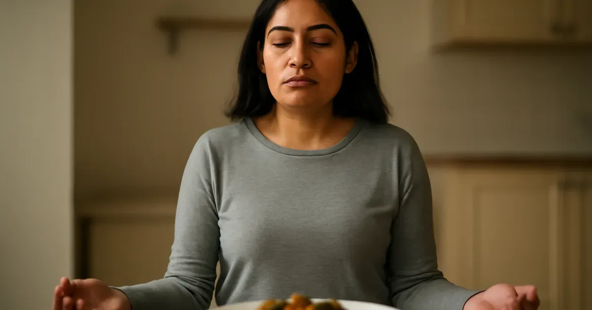 Person practising mindful breathing before eating to support the gut-brain connection and improve digestive health