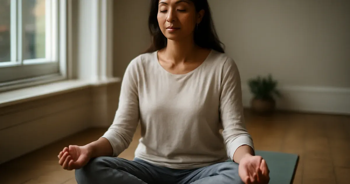 Woman practising mindful breathing to support the gut-brain connection and reduce stress