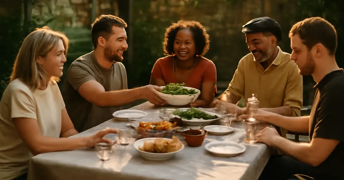 Diverse group of UK adults sharing a meal outdoors representing social connection and gut health