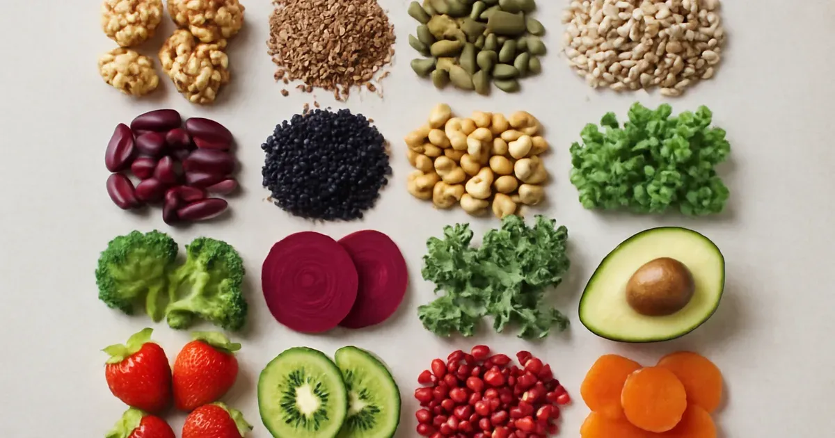 Thirty different plant foods arranged in groups representing the 30-plants-a-week strategy for improving gut microbiome UK