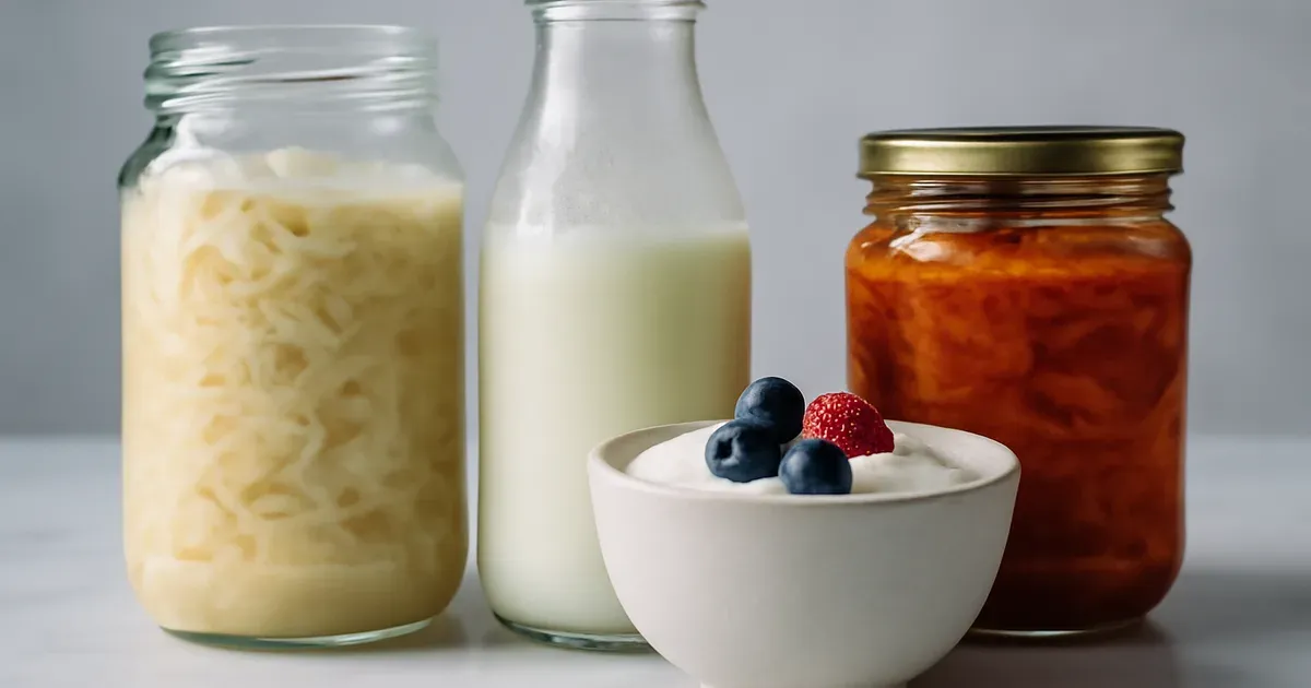 Fermented foods including kefir, sauerkraut, live yogurt and kimchi supporting gut microbiome UK health