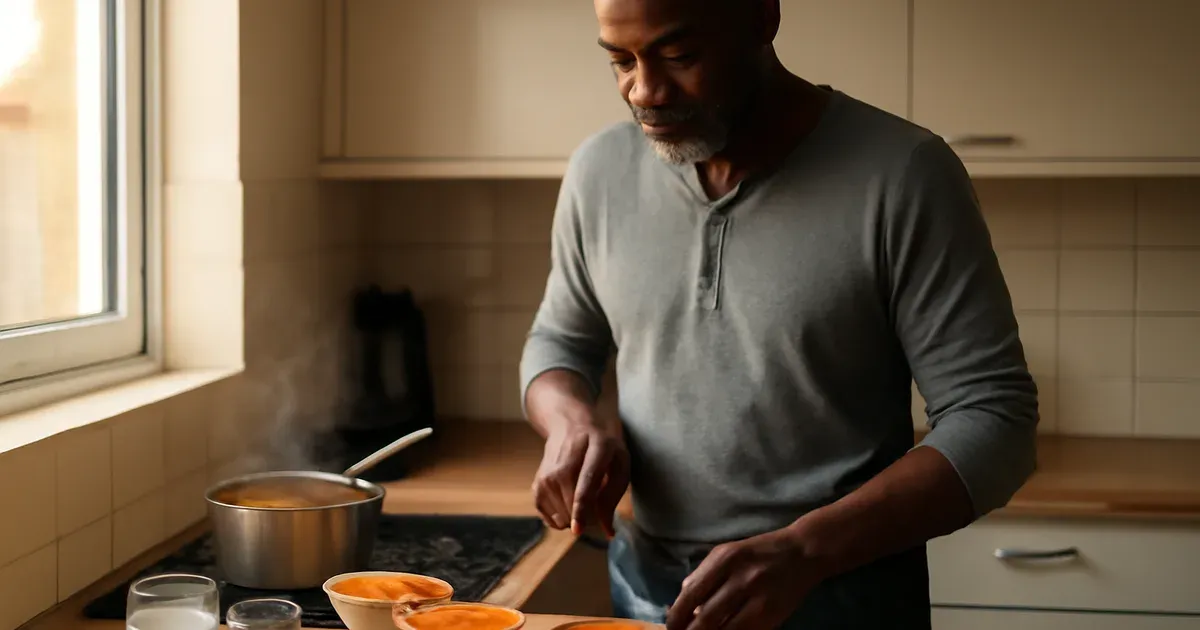 Person in a UK kitchen preparing a wholefood gut-healthy meal with lentils, vegetables and fermented foods
