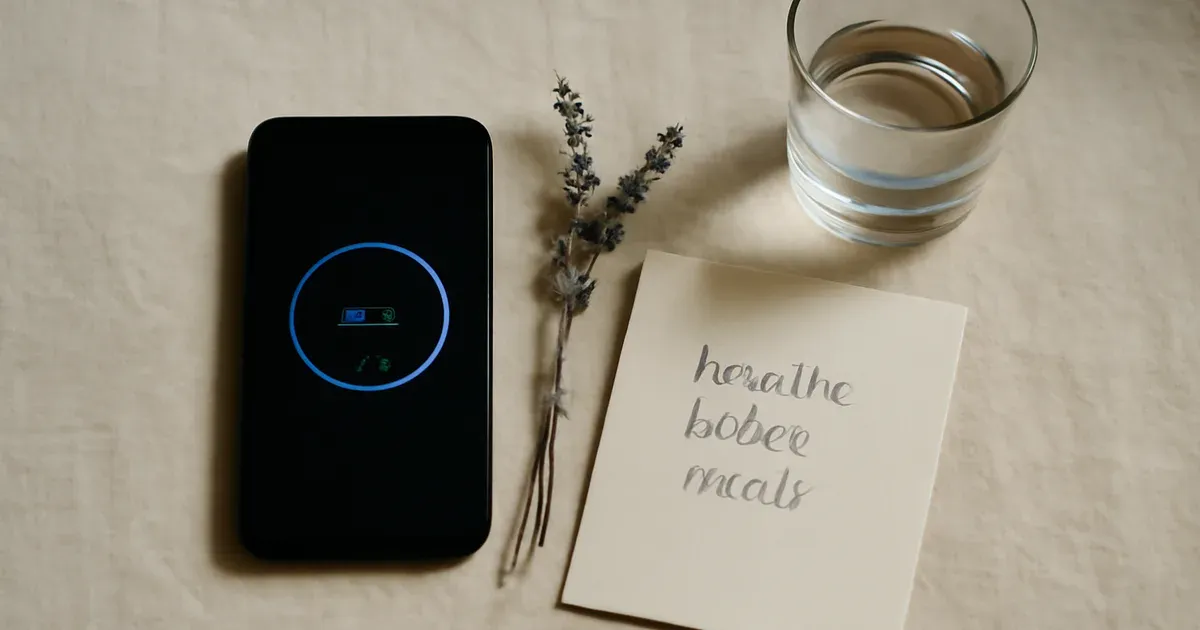 Flat-lay of breathwork tools including a timer app and journal for a daily gut health routine in the UK