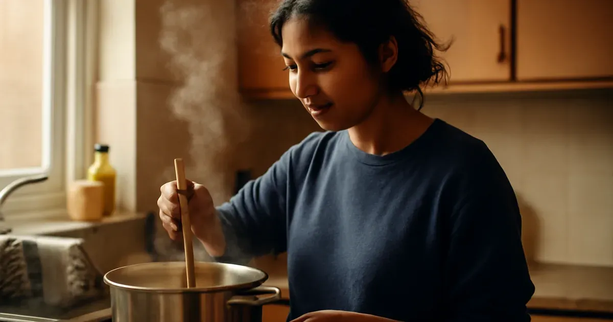 Person cooking lentil soup in a UK kitchen — a high-fibre gut-healthy meal for the British diet