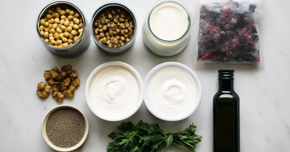 Anti-inflammatory gut health pantry staples including kefir, lentils, walnuts and olive oil in a UK kitchen