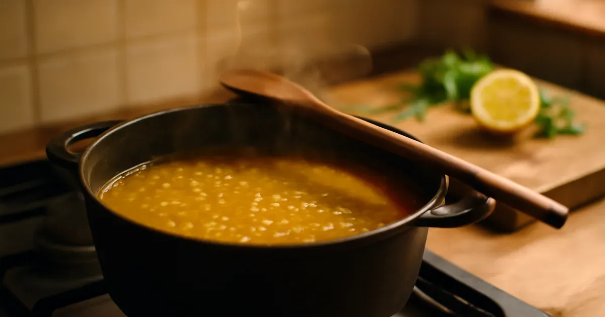Turmeric lentil and barley soup batch cooking on a UK kitchen hob to support gut health and reduce arthritis inflammation