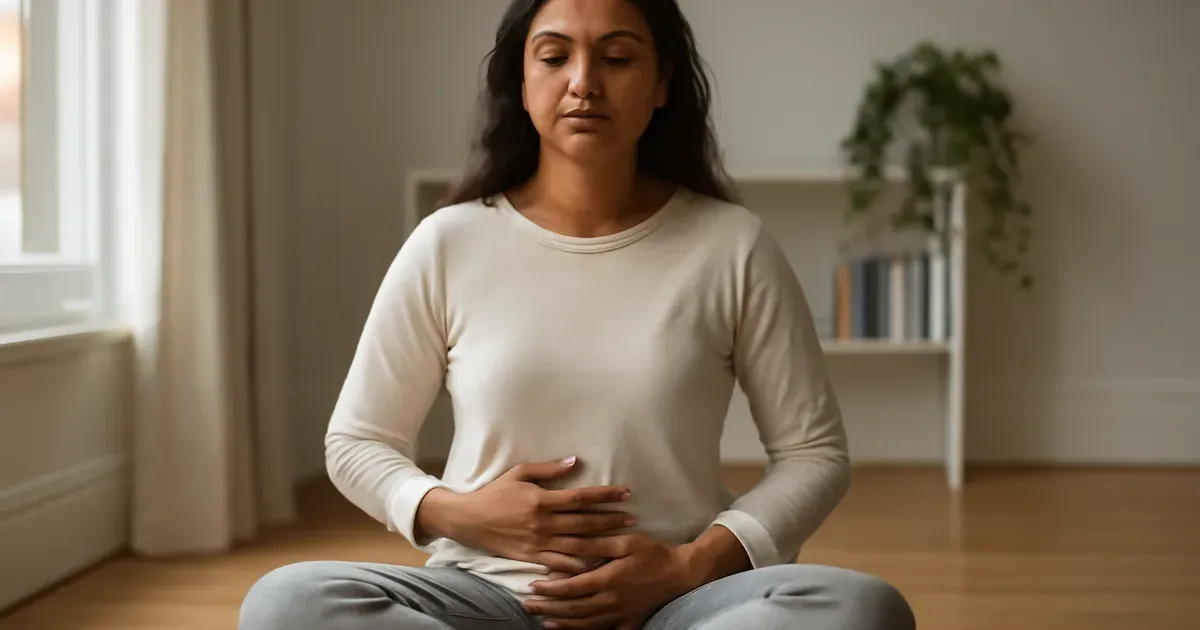 Person practising diaphragmatic breathing to activate the gut-brain connection and reduce psilocybin nausea