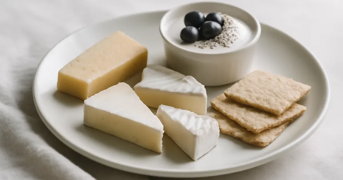 Lactose-free dairy snack plate with hard cheese, gluten-free crackers and yogurt to support gut health UK and IBS management