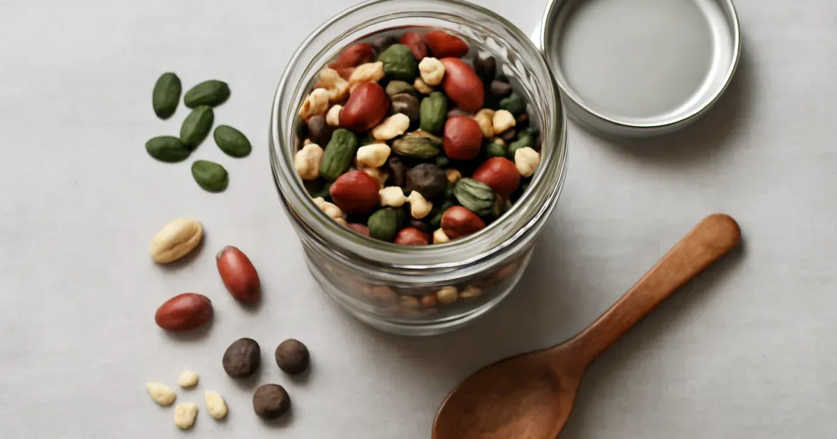 Homemade low FODMAP trail mix with peanuts, pumpkin seeds and dark chocolate chips in a glass jar, supporting microbiome UK diversity