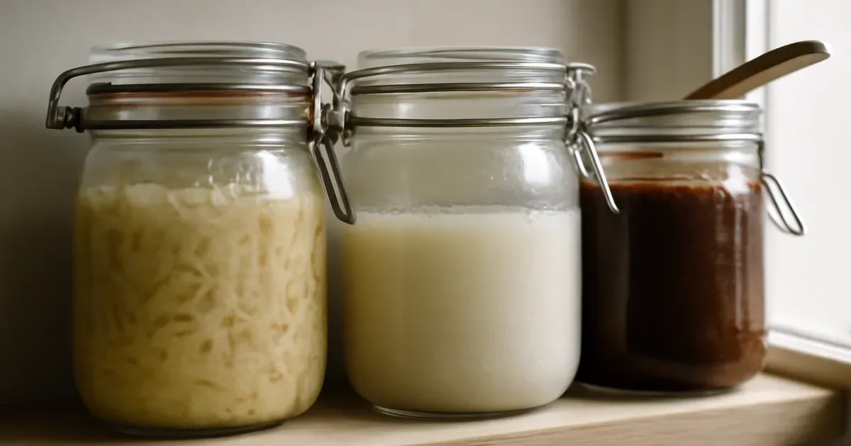 Glass jars of fermented foods including kefir and sauerkraut to improve gut health naturally in the UK