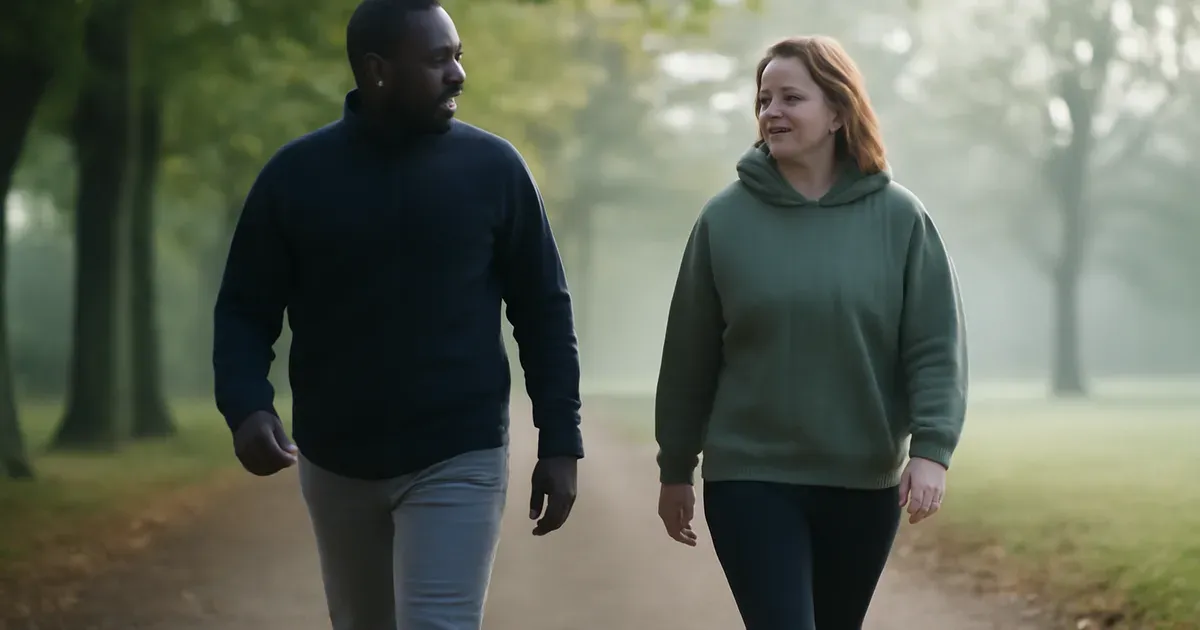 Two adults walking in a UK park to improve gut health naturally and support microbiome diversity through exercise