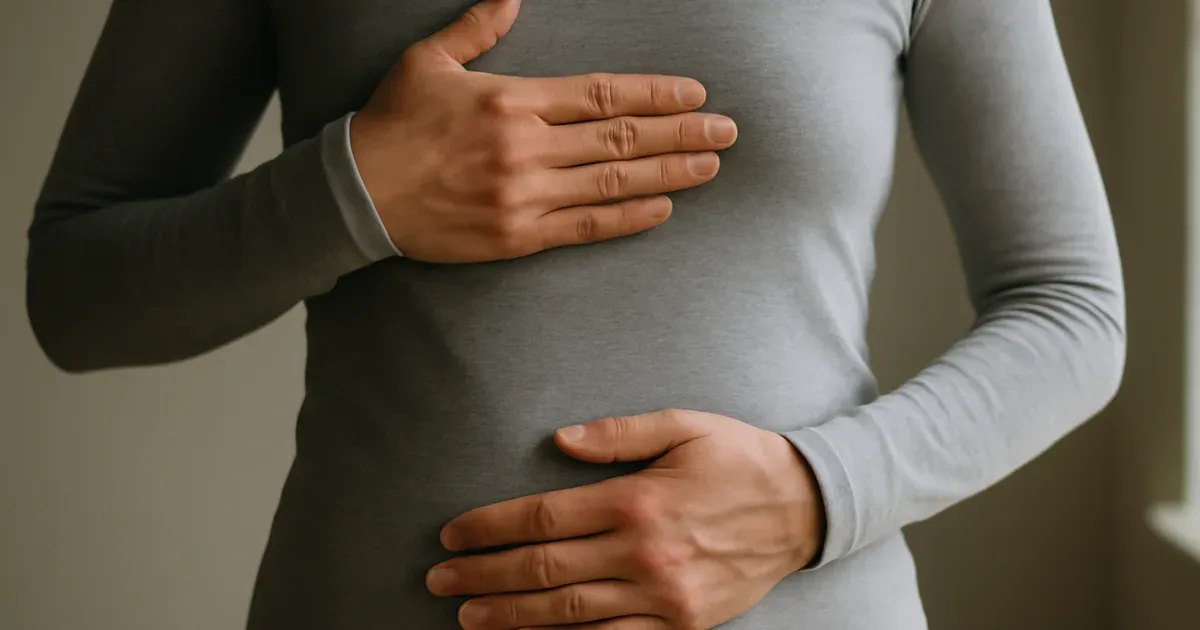 Hand placement on chest and belly demonstrating diaphragmatic breathwork technique for gut health