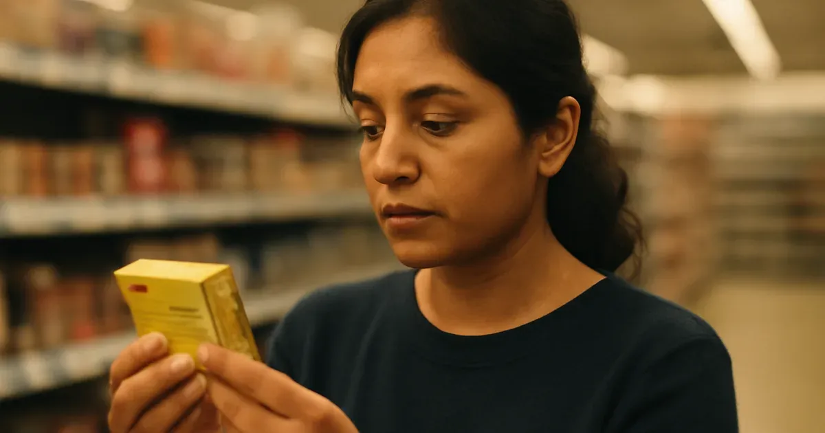 Person checking ingredients label in UK supermarket for hidden FODMAPs like onion and garlic in stock cubes