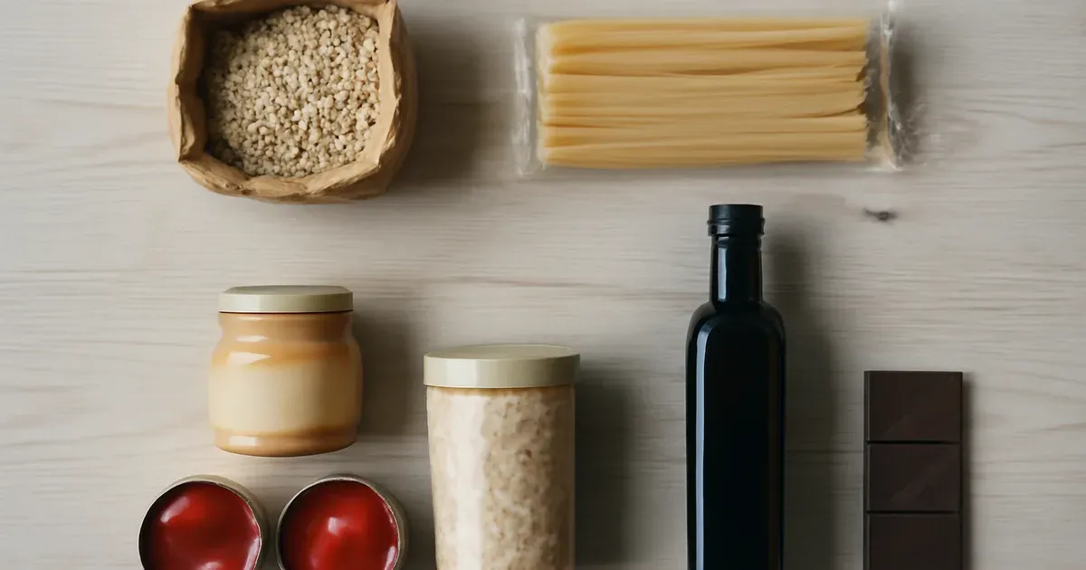 Low FODMAP pantry staples including oats, gluten-free pasta, garlic-infused olive oil, and tinned tomatoes on a wooden surface