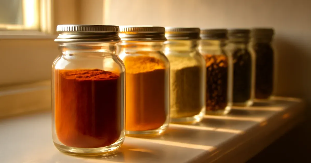 Safe low FODMAP spices in glass jars including paprika, cumin, turmeric and chilli flakes on a kitchen shelf