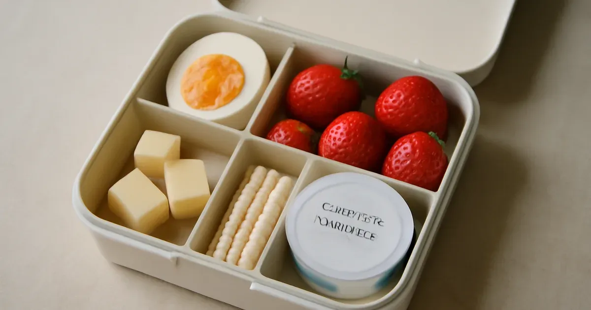 Low FODMAP lunchbox with boiled egg, cheese, strawberries and rice crackers for IBS-friendly snacking in the UK