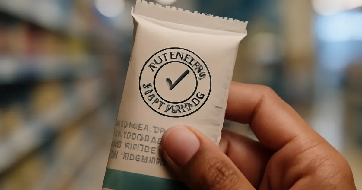 Person holding a certified low FODMAP snack bar in a UK supermarket, showing FODMAP certification label