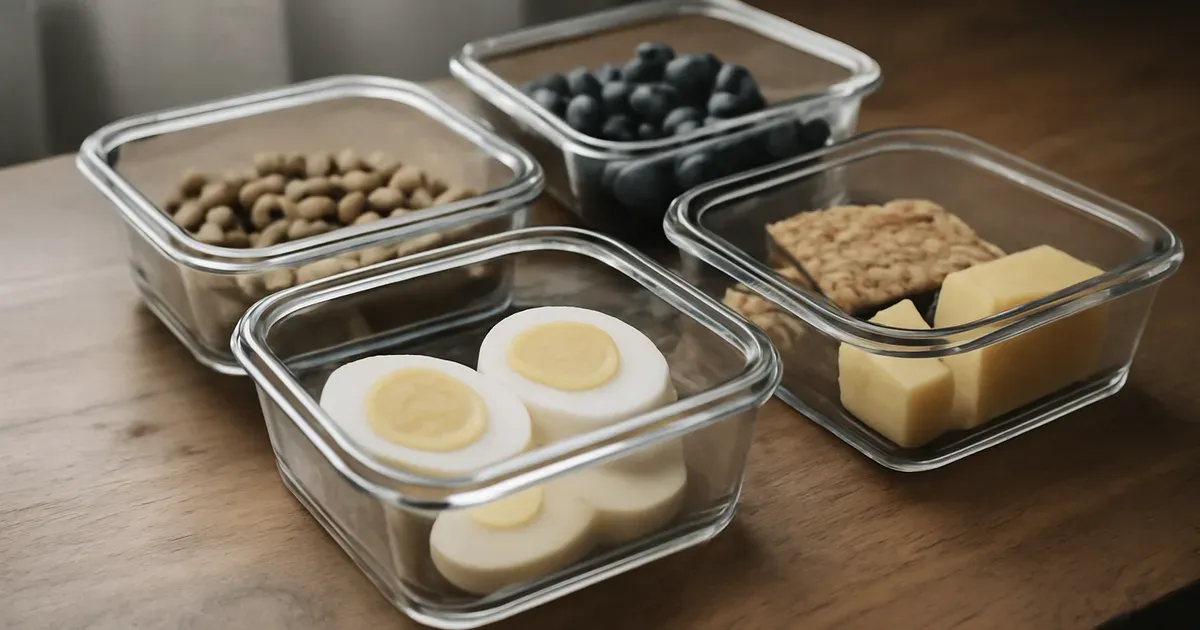 Meal-prepped low FODMAP snacks in glass containers for IBS management in a UK kitchen setting