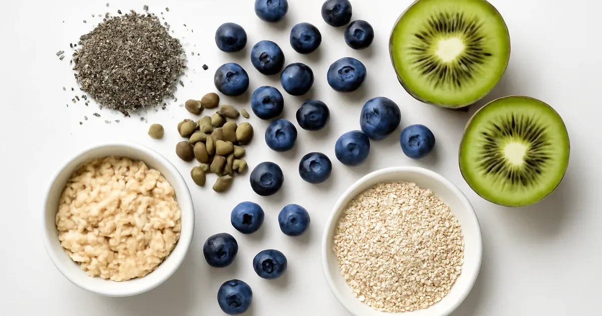 Diverse plant-based low FODMAP foods including seeds, oats and berries to support gut microbiome UK diversity