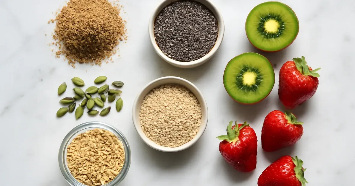 High-fibre low FODMAP snack ingredients including chia seeds, flaxseed, kiwi and quinoa for UK IBS diet