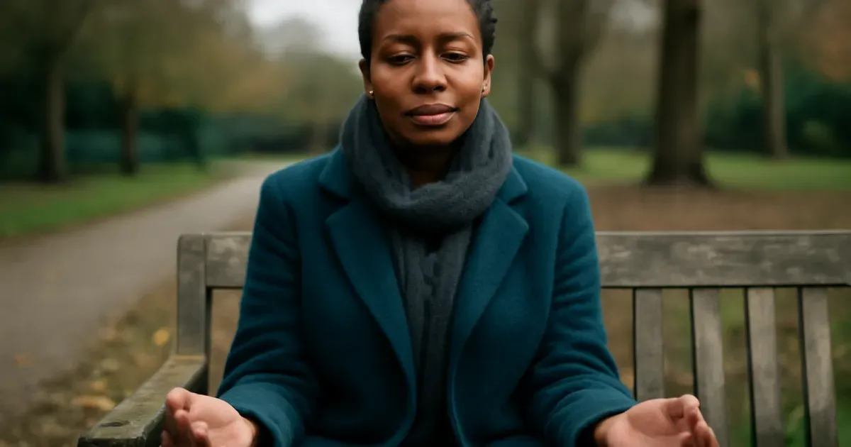 British woman meditating outdoors in a UK park, illustrating how to improve gut health naturally through mindfulness
