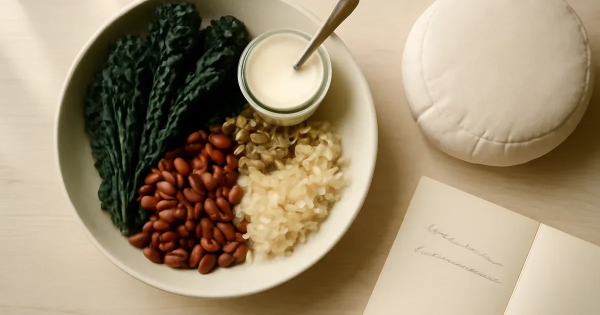 Gut-friendly plant foods and kefir alongside a meditation cushion representing natural ways to improve gut health UK