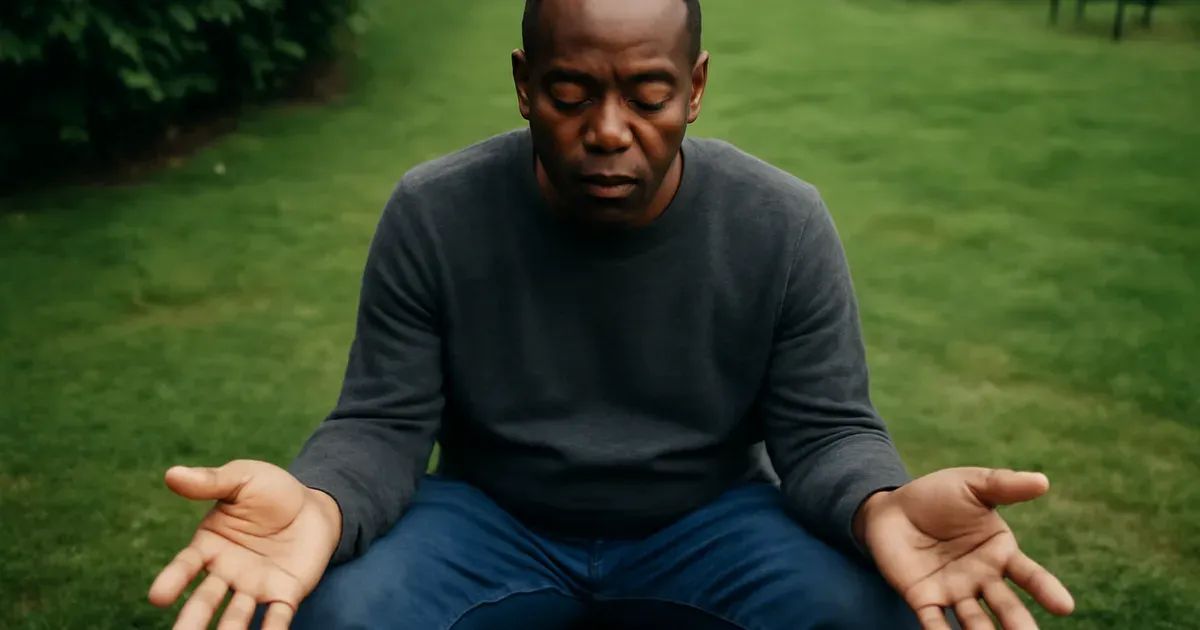 Hands resting in meditation pose in a British park, symbolising mindfulness for gut health and wellbeing