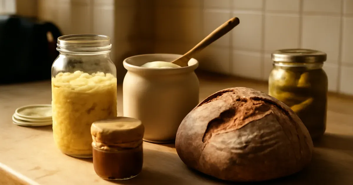 Fermented foods including yogurt sourdough and miso on a British kitchen countertop to improve gut health naturally
