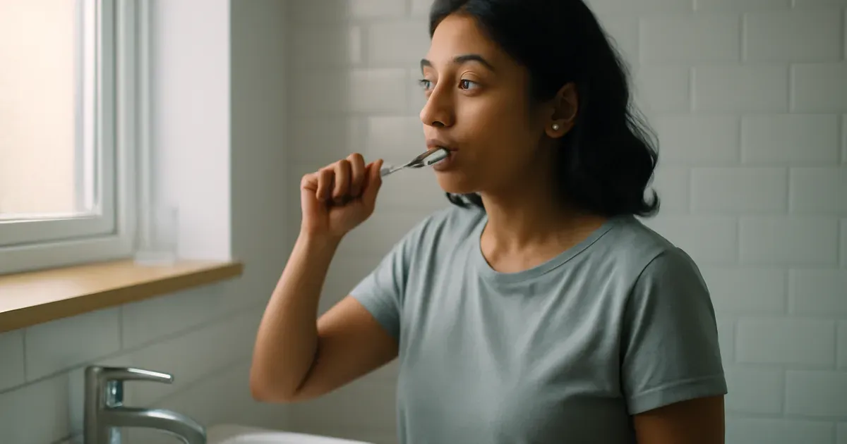 UK adult brushing teeth as part of daily oral hygiene routine to support gut health and microbiome balance