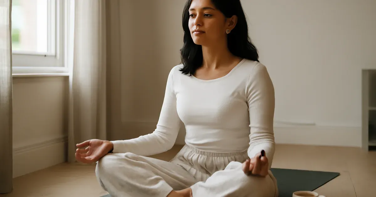 Woman practising mindfulness to reduce cortisol and support gut health and GLP-1 production naturally