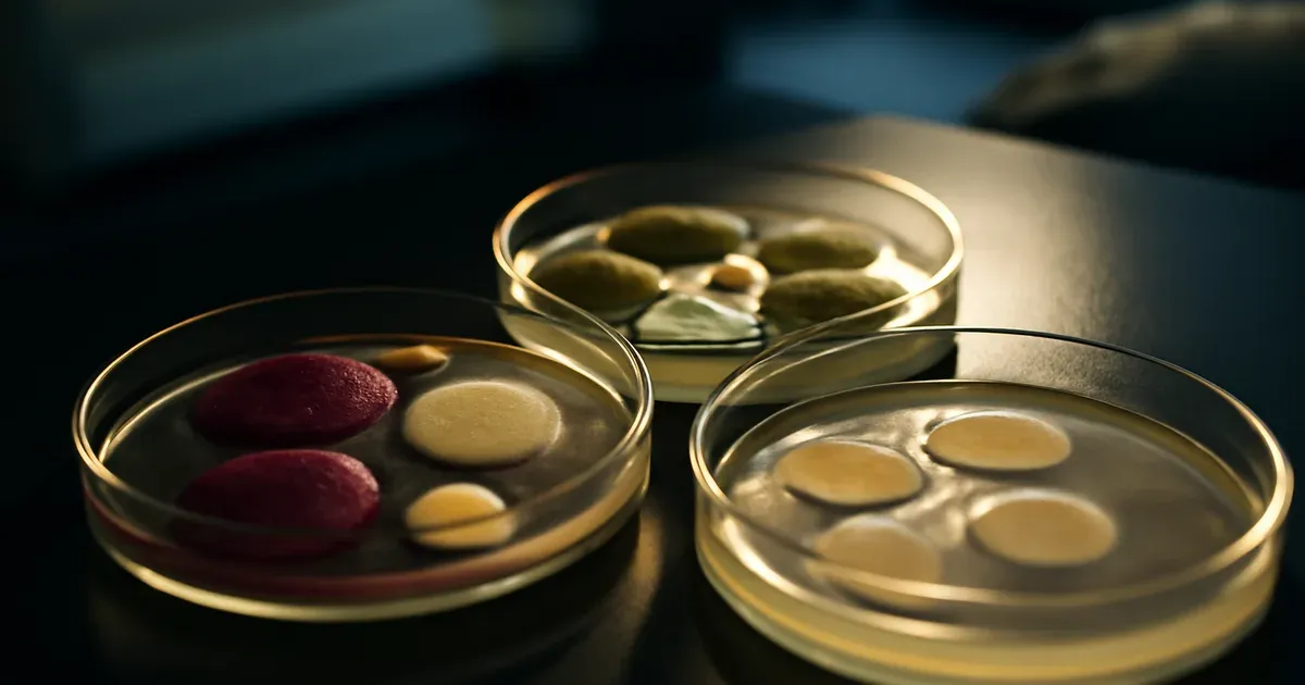 Microbial cultures on agar plates in a UK university microbiome research laboratory