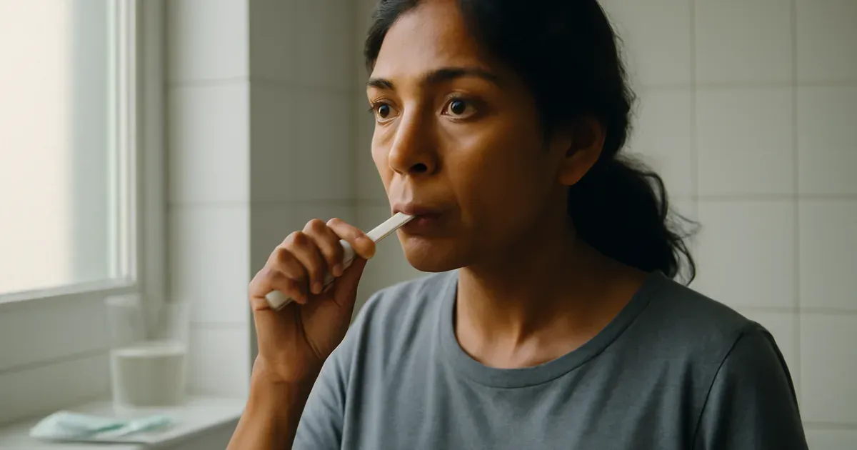 UK woman brushing teeth to support oral microbiome and gut health naturally