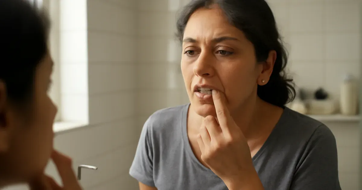 Person inspecting teeth and gums in mirror, checking signs of unhealthy oral microbiome and gut health