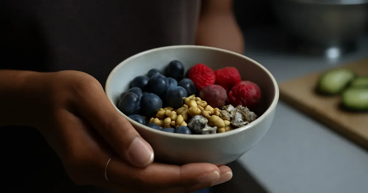 Person holding bowl of berries and nuts to support oral and gut microbiome health in the UK