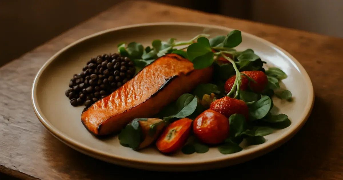 Colourful high-protein plate with plants supporting gut-brain connection and British diet gut health