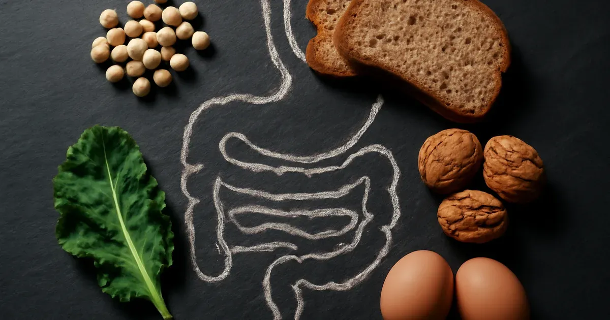 Whole plant foods and protein sources arranged around gut shape illustrating gut-brain connection and microbiome UK research