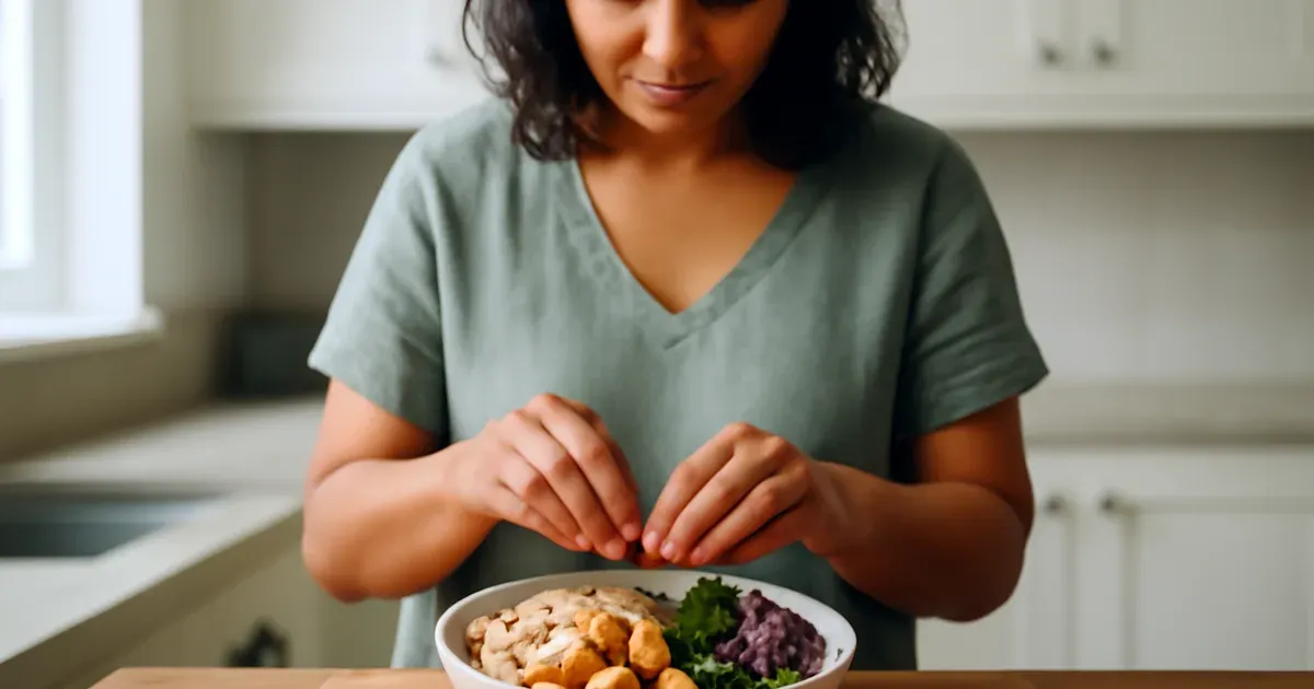 Person preparing a high-fibre protein grain bowl in a UK kitchen to improve gut health naturally