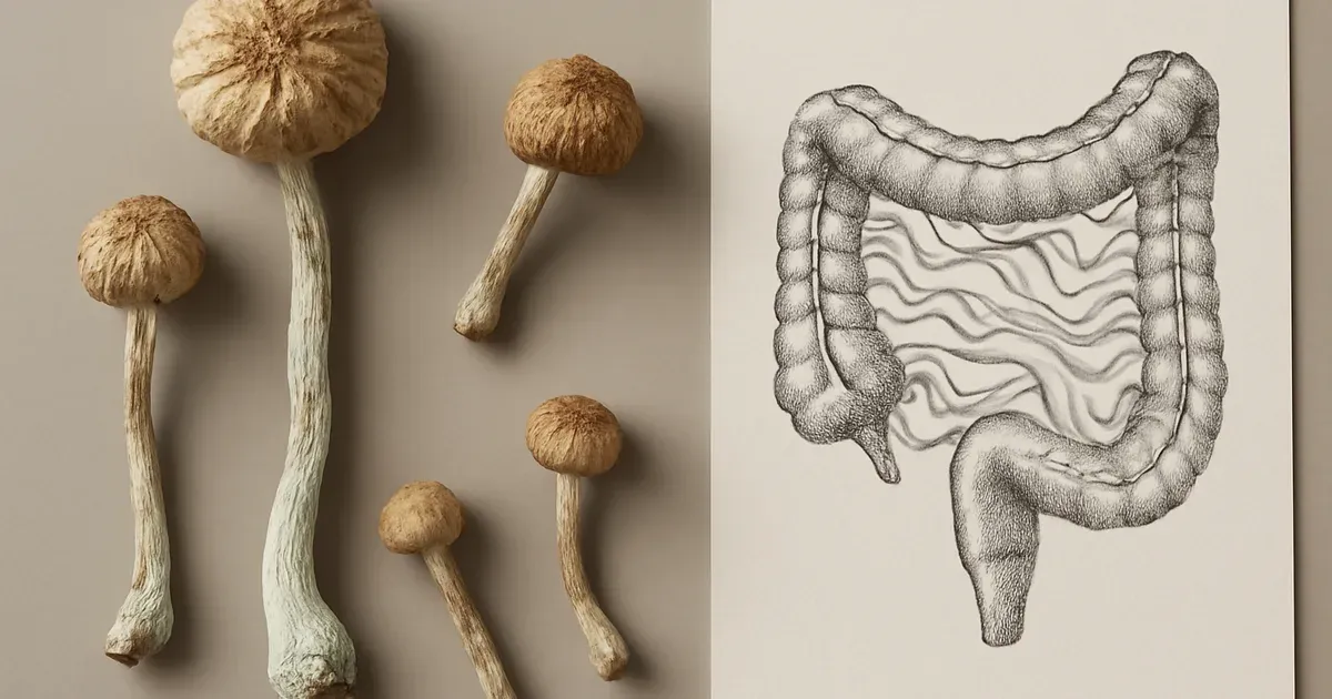 Dried psilocybin mushrooms next to a gut anatomy diagram illustrating how fungal chitin and serotonin affect gut health