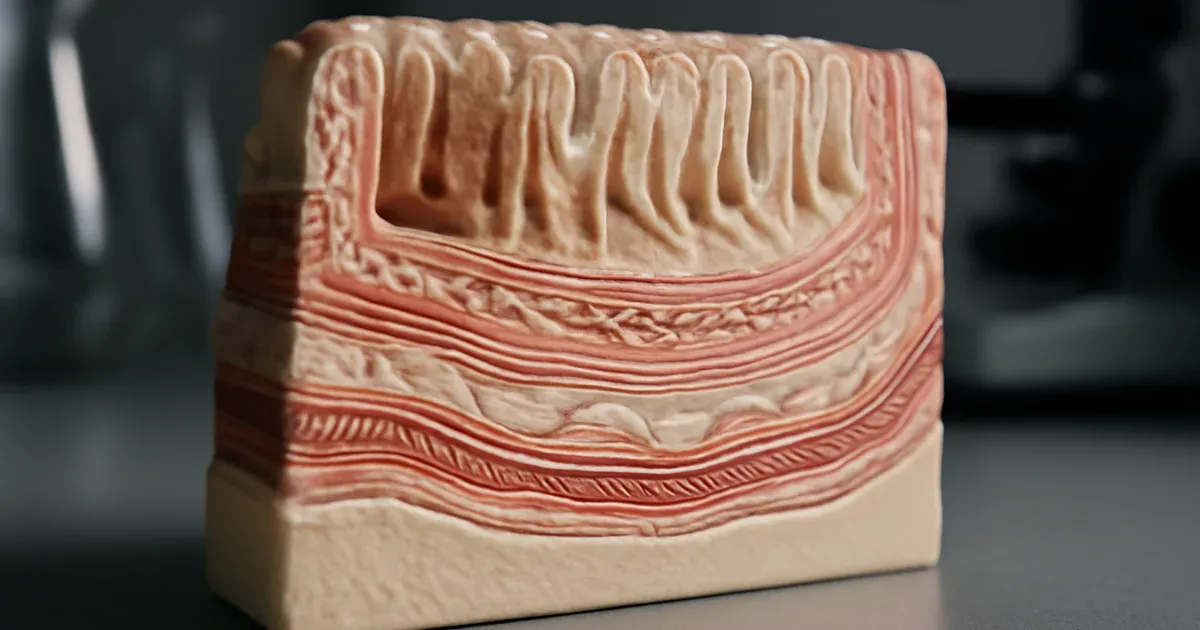 Cross-section model of intestinal wall with nerve fibres, illustrating the enteric nervous system and gut-brain connection