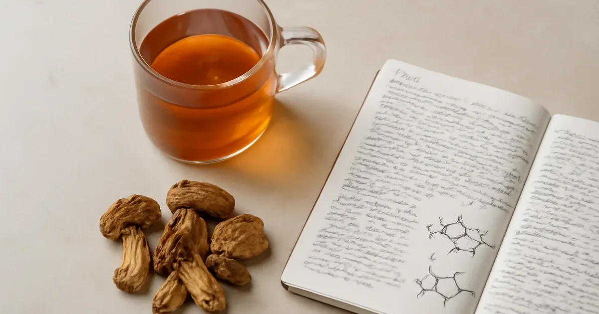 Glass mug of mushroom tea beside dried mushrooms and notebook — illustrating psilocybin tea preparation for gut health comparison