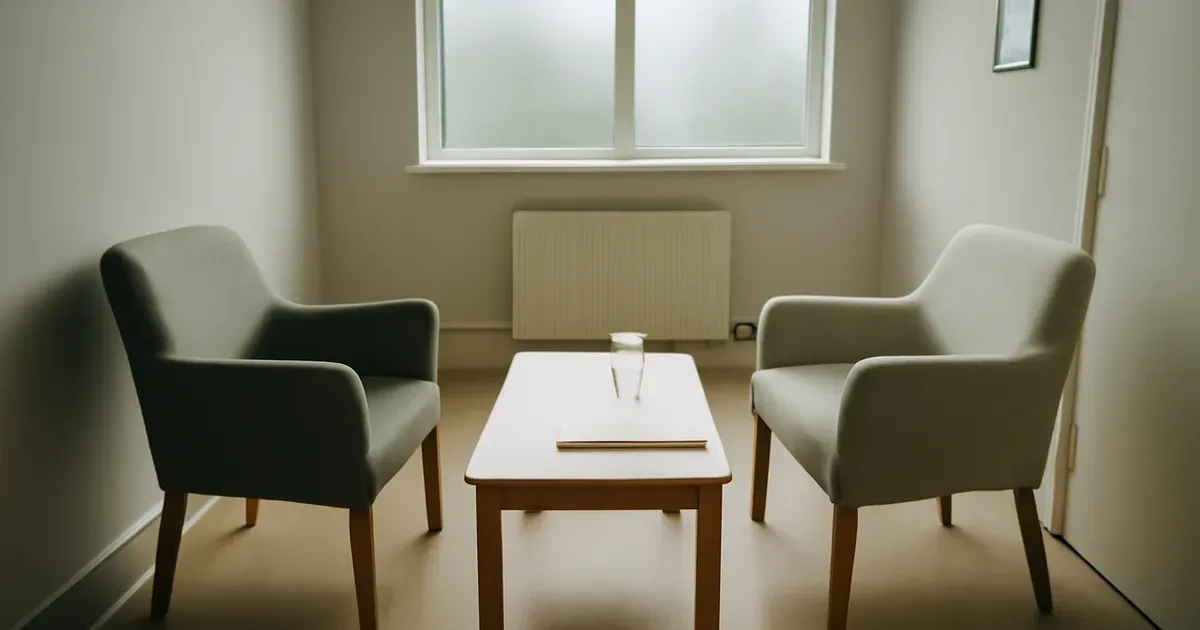 Softly lit clinical therapy room in a UK setting representing psilocybin-assisted therapy trial environment for gut health management