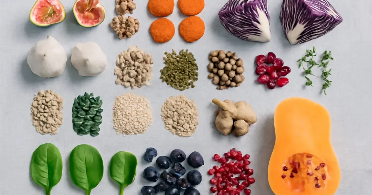 Thirty different plant foods laid out representing microbiome UK diversity eating strategy for gut health