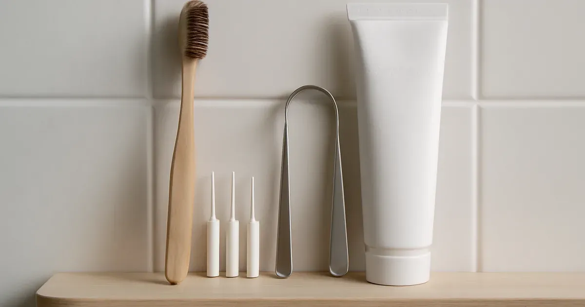 Oral hygiene tools including tongue scraper and interdental brushes for microbiome UK health