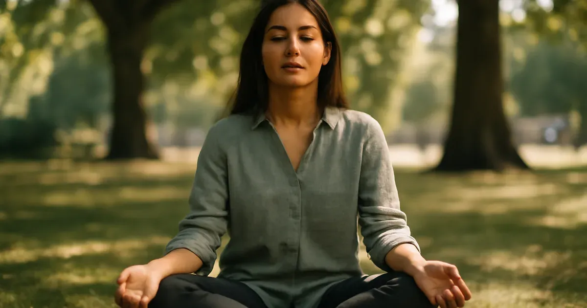 UK adult practising stress-reduction breathing outdoors to support the gut-brain connection
