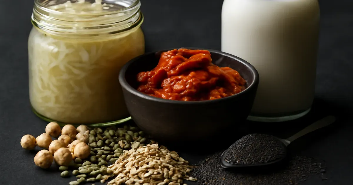 Fermented foods and high-fibre plants including kefir, kimchi and lentils that support the gut microbiome UK
