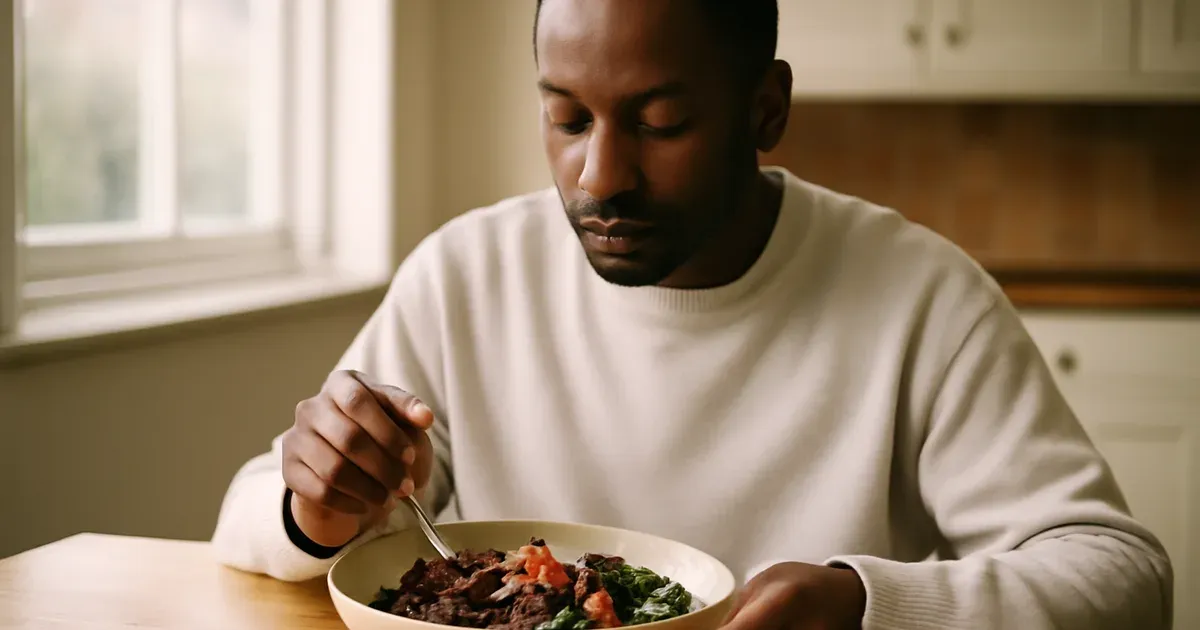 Man eating mindfully to support the gut-brain connection and improve gut health naturally in the UK
