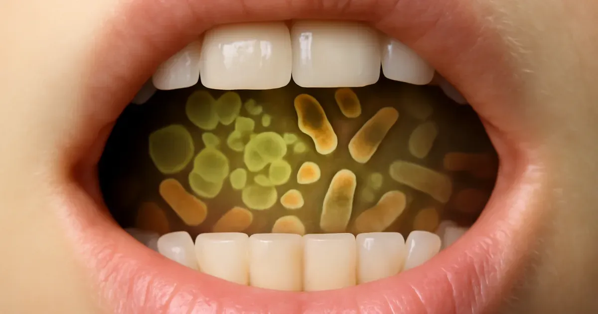 Close-up of teeth with a microscopic bacterial overlay representing oral microbiome dysbiosis and its link to gut health in the UK